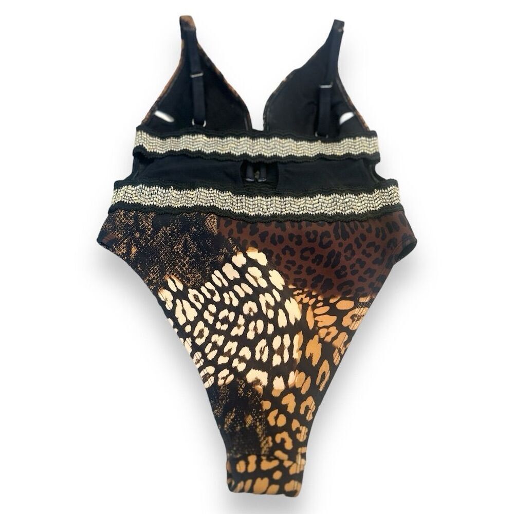 River Island - Womens Brown Animal Print Plunge One Piece Swimsuit - Picture 4 of 11